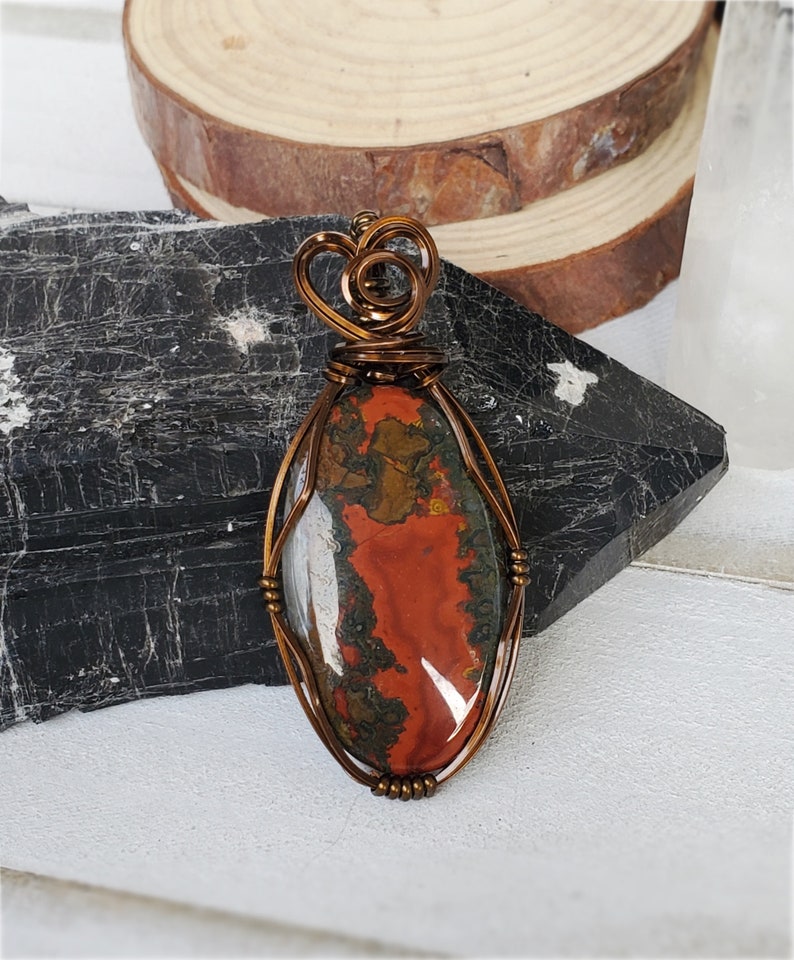 Red Seam Agate Pendant, Red Agate Wire Necklace, Wire Wrap Pendant with Stone, Unique Stone Red Color Agate Pendant, Christmas Gifts on Sale image 6