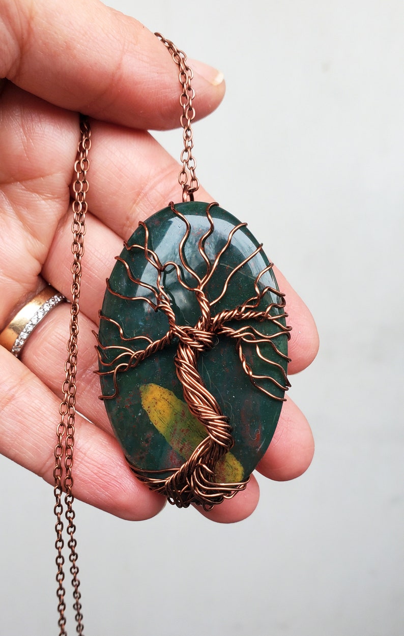 Bloodstone Necklace, Tree of Life Bloodstone Necklace, Spring Inspired Jewelry Gift, Tree Wire Necklace in Brass, Wire Wrap Bloodstone Tree image 4