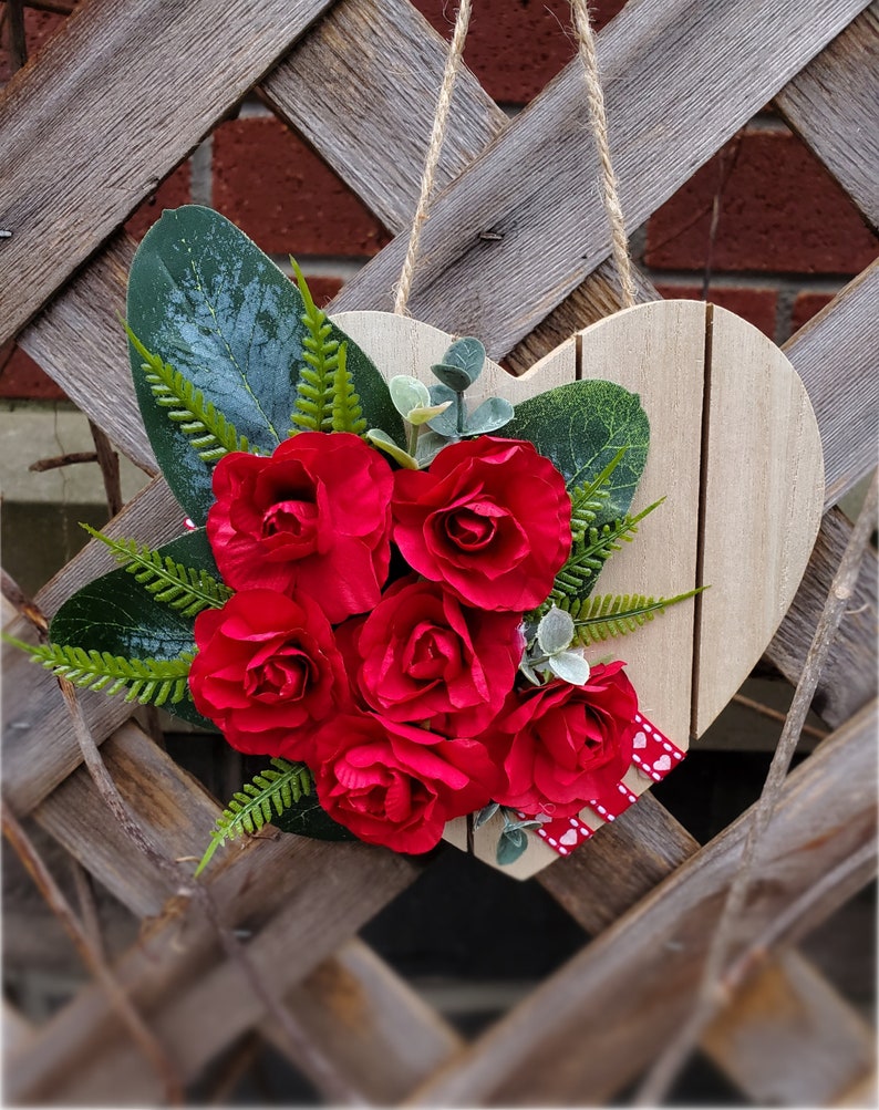 Spring Flower Gifts, Red Rose Floral Door Hanger, Mothers Day Gift, Floral Decorative Heart Shape Decor, Country Farmhouse Rose Heart Decor image 5