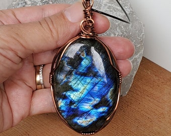 Large Blue Labradorite Necklace, Jewelry Gift for Spring, Statement Crystal Necklace for Her, Spring Jewelry Gift for Her, Big Pendant Gift