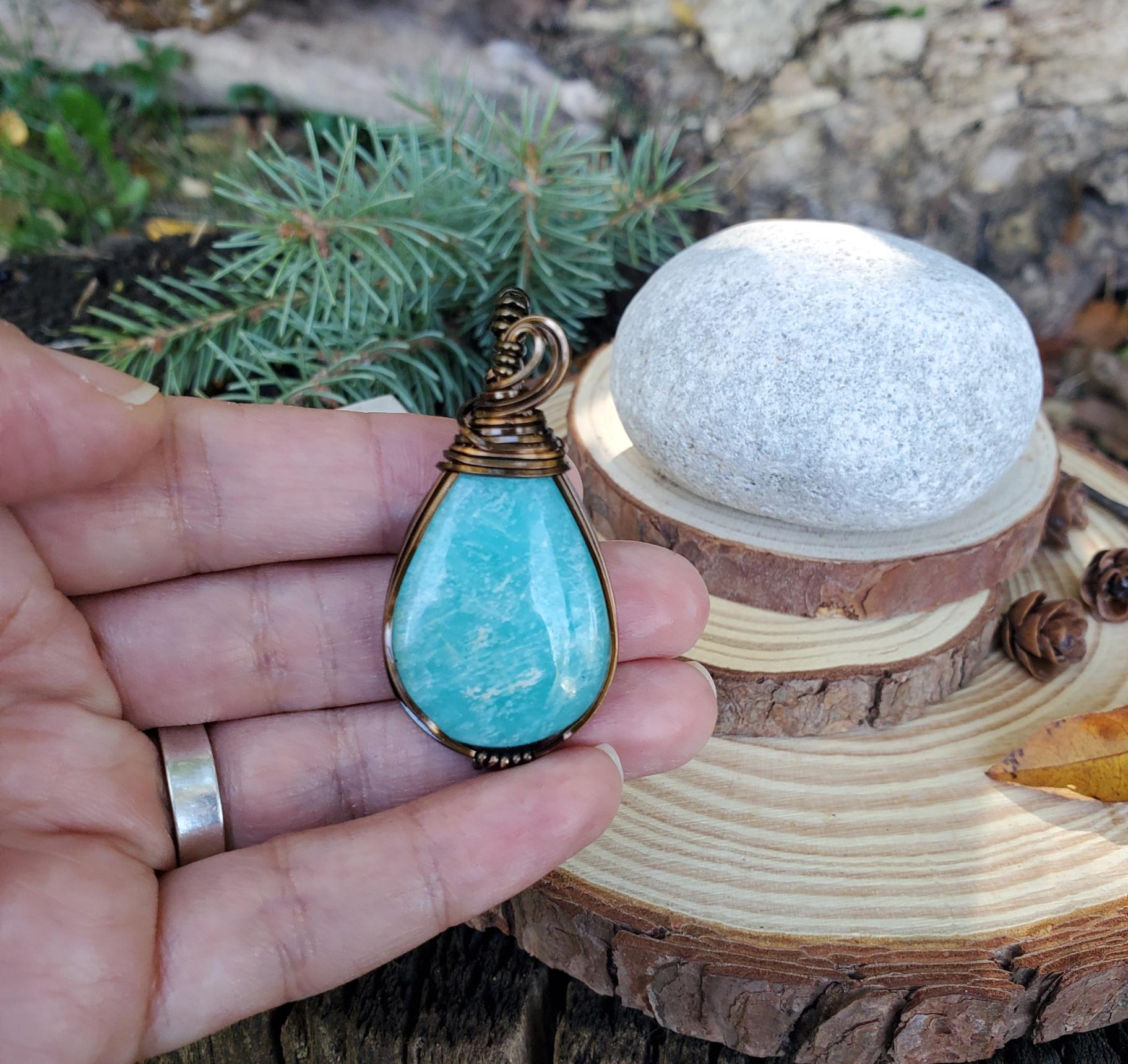 ネックレス・ペンダント Wire Coil Pendant Necklace #8701 Amazonite Wire Wrap Necklace, Calm Blue Sheen Stone Pendant