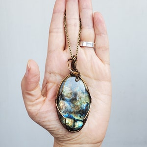 Large Labradorite Necklace, Multi Color Labradorite Wire Wrap Pendant Necklace, Spring Jewelry for Him Her, Large Oval Simple Style Pendant image 6
