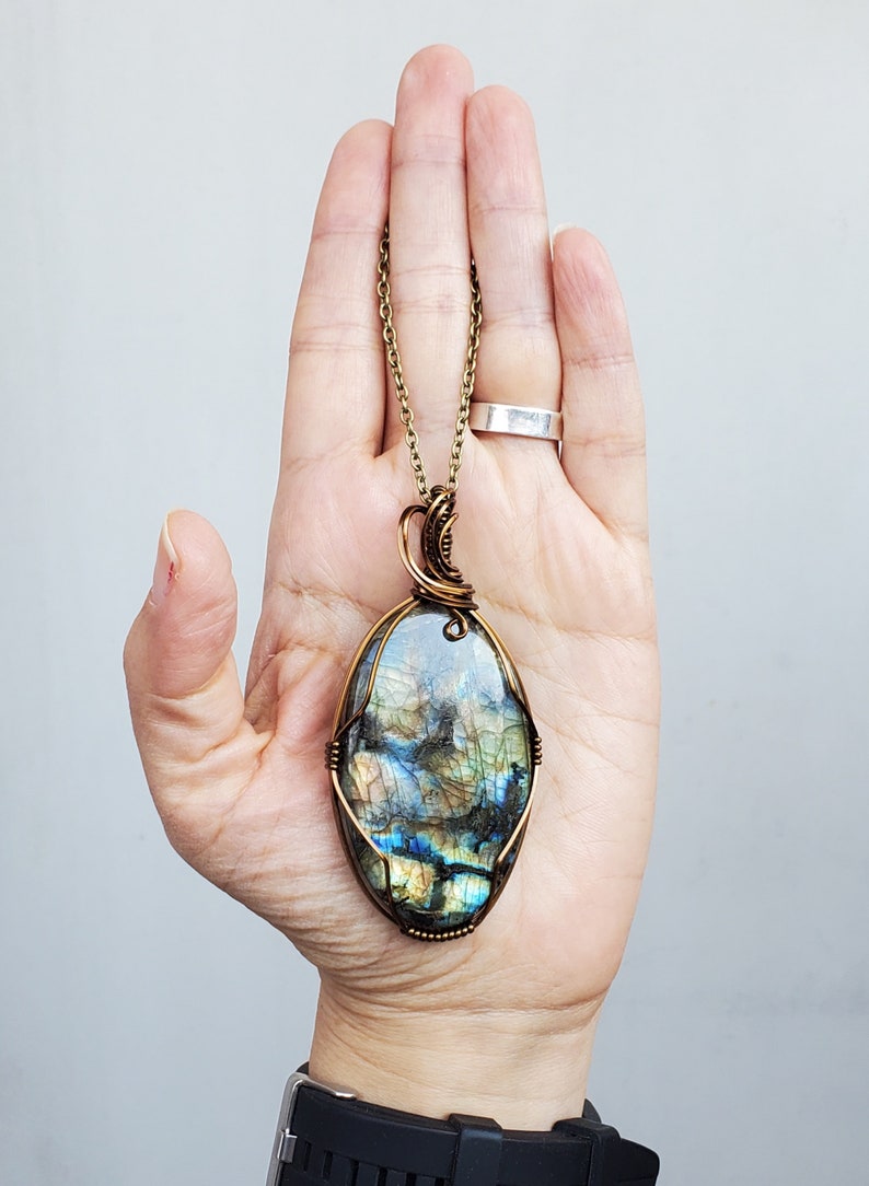 Large Labradorite Necklace, Multi Color Labradorite Wire Wrap Pendant Necklace, Spring Jewelry for Him Her, Large Oval Simple Style Pendant image 6