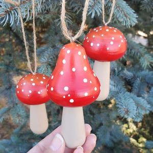 Hand-Painted Wood Mushroom Christmas Ornaments: Cottagecore Decor, Set of 3