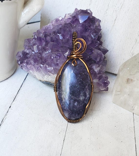 Lepidolite Pendant: Brass Wire Wrapped Oval Stone