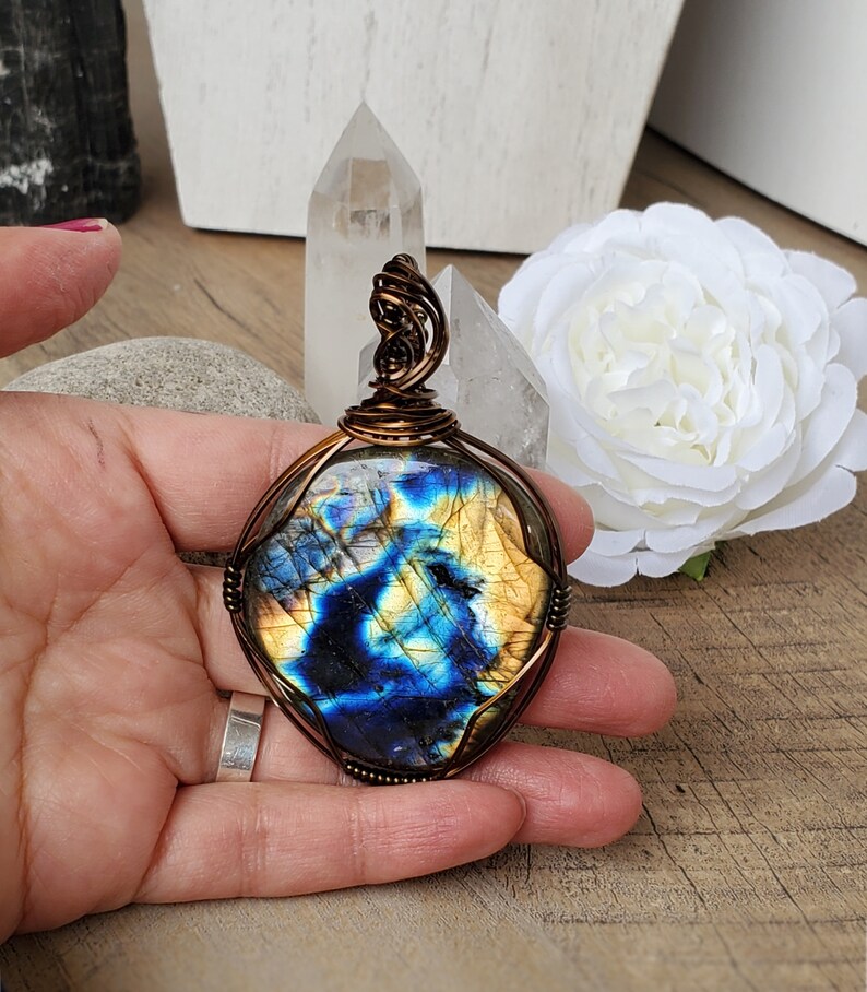 Blue Labradorite Pendant, Spring Jewelry Gift, Big Labradorite Pendant Necklace, Mother's Day Gift, Unique Wire Labradorite Pendant Gift, image 3