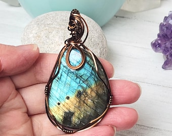 Large Labradorite Pendant Necklace, Brass Wire Wrapped Stone