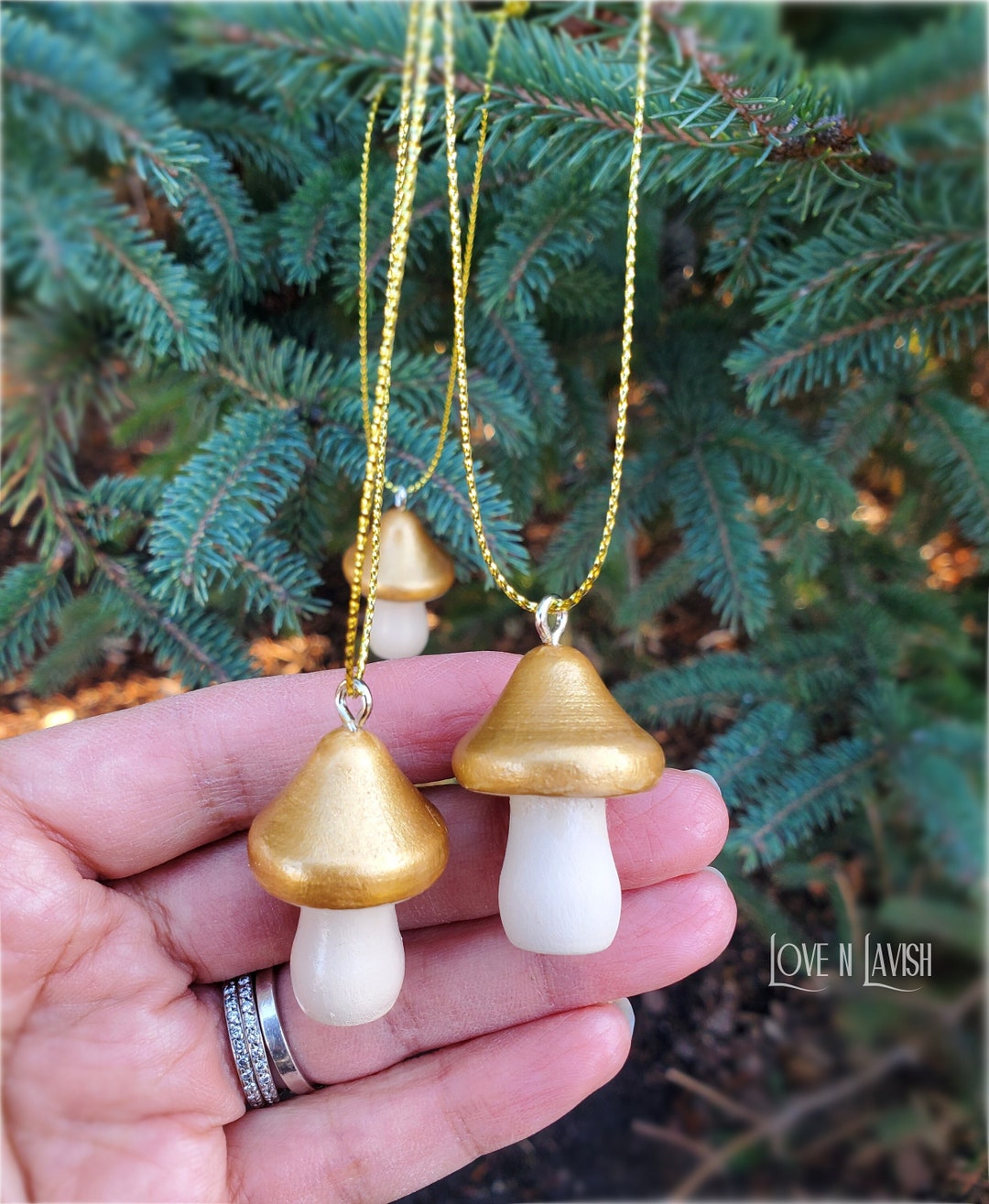 Gold Woodland Mushroom Ornament Set of 5, Small Golden Mushroom