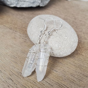Simple White Crystal Earrings, Aura Quartz Earrings, Wire Wrap Quartz Point Earrings, Crystal Point Wire Wrap Earrings for Sister or Wife image 4