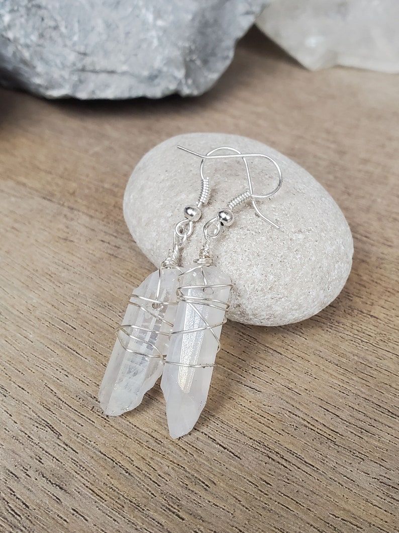 Simple White Crystal Earrings, Aura Quartz Earrings, Wire Wrap Quartz Point Earrings, Crystal Point Wire Wrap Earrings for Sister or Wife image 4