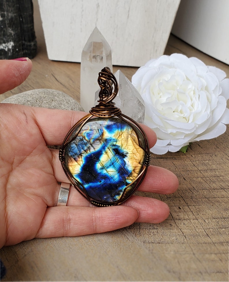 Blue Labradorite Pendant, Spring Jewelry Gift, Big Labradorite Pendant Necklace, Mother's Day Gift, Unique Wire Labradorite Pendant Gift, image 2