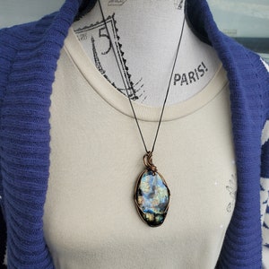 Large Labradorite Necklace, Multi Color Labradorite Wire Wrap Pendant Necklace, Spring Jewelry for Him Her, Large Oval Simple Style Pendant image 5