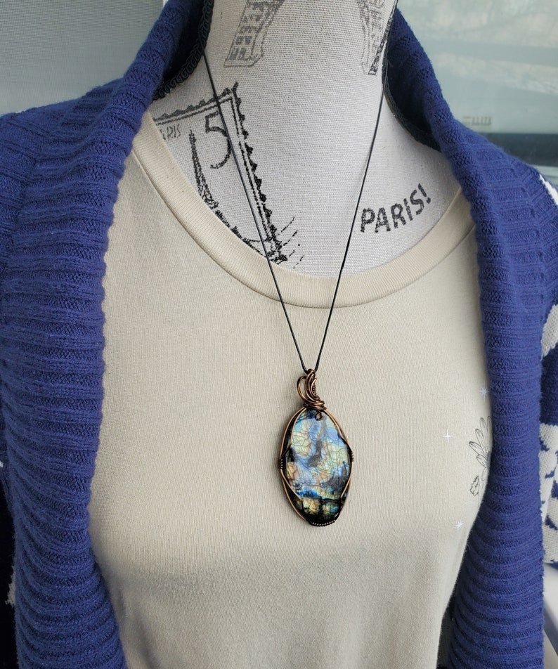 Large Labradorite Necklace, Multi Color Labradorite Wire Wrap Pendant Necklace, Spring Jewelry for Him Her, Large Oval Simple Style Pendant image 5