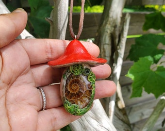 Clay Mushroom Necklace, Mushroom Necklace, Ammonite Fossil Necklace, Polymer Clay Mushroom Ammonite Necklace, Wearable art Mushroom Pendant