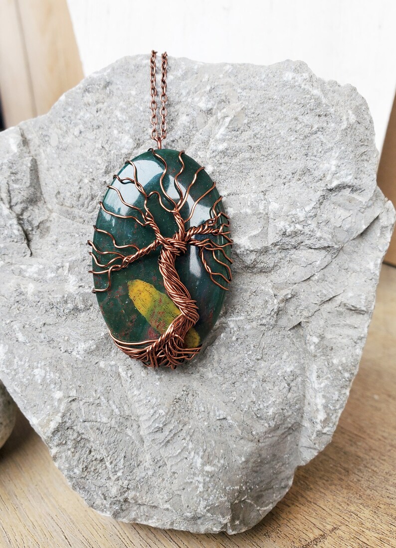 Bloodstone Necklace, Tree of Life Bloodstone Necklace, Spring Inspired Jewelry Gift, Tree Wire Necklace in Brass, Wire Wrap Bloodstone Tree image 2