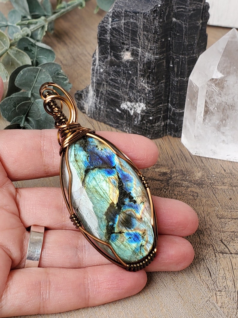 Blue Labradorite Necklace, Mother's Day Necklace, Spring Jewelry, Wire Wrapping Stone Pendant, Green Blue Stone Necklace Wire Wrapped Style image 1