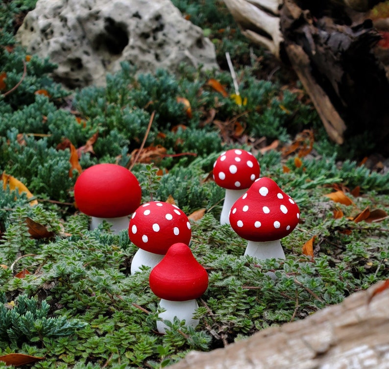 Mushroom Plant Decor, Spring Garden Mushrooms, Cute Woodland Fungi Decor, Red White Mushroom Decor for Bookshelf, Garden Fairy Mushrooms image 2