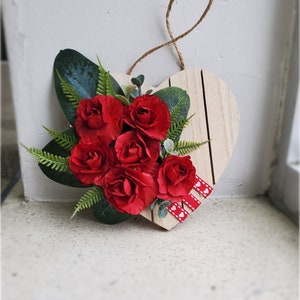 Spring Flower Gifts, Red Rose Floral Door Hanger, Mothers Day Gift, Floral Decorative Heart Shape Decor, Country Farmhouse Rose Heart Decor image 8