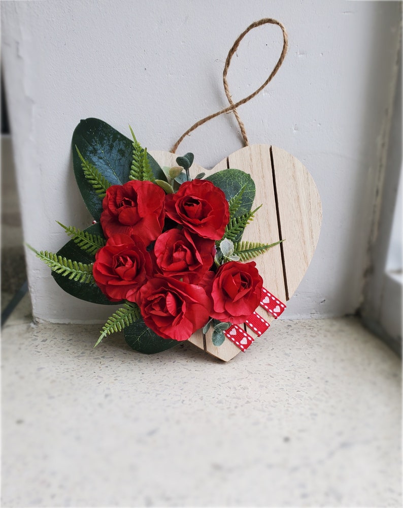 Spring Flower Gifts, Red Rose Floral Door Hanger, Mothers Day Gift, Floral Decorative Heart Shape Decor, Country Farmhouse Rose Heart Decor image 8