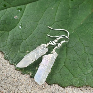 Simple White Crystal Earrings, Aura Quartz Earrings, Wire Wrap Quartz Point Earrings, Crystal Point Wire Wrap Earrings for Sister or Wife image 3