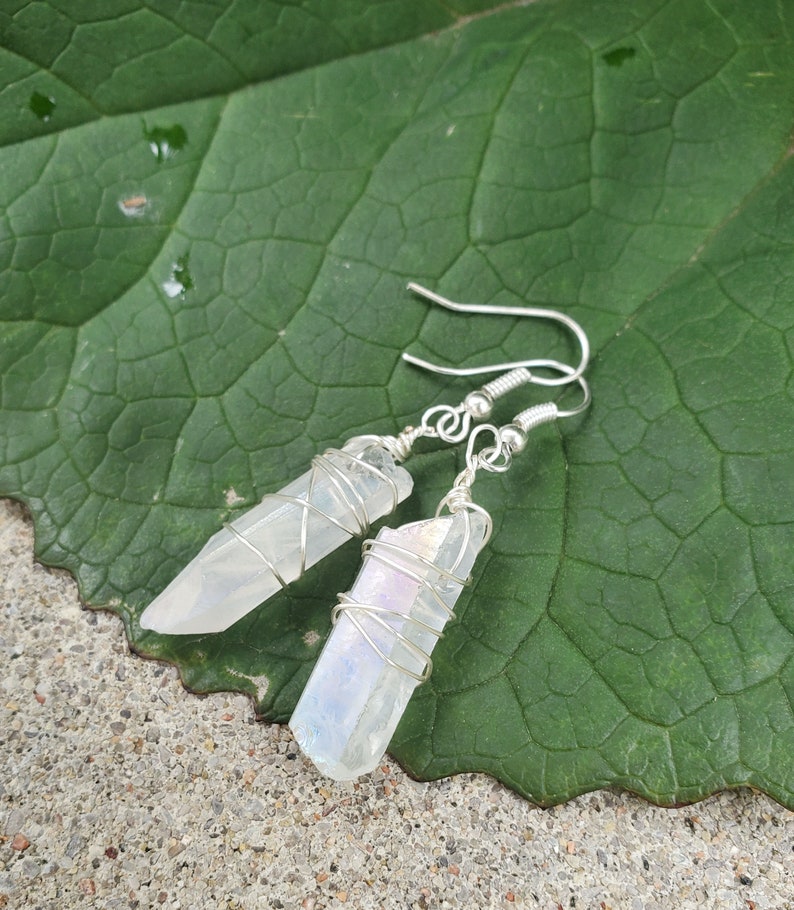 Simple White Crystal Earrings, Aura Quartz Earrings, Wire Wrap Quartz Point Earrings, Crystal Point Wire Wrap Earrings for Sister or Wife image 3