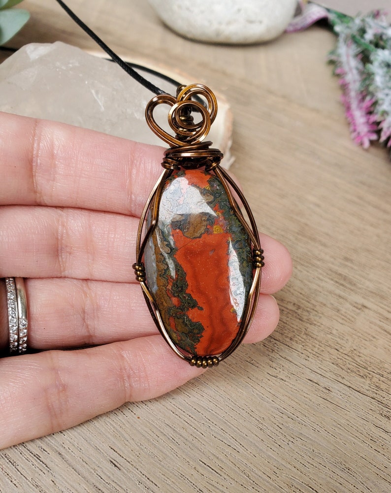 Red Seam Agate Pendant, Red Agate Wire Necklace, Wire Wrap Pendant with Stone, Unique Stone Red Color Agate Pendant, Christmas Gifts on Sale image 4