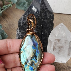 Blue Labradorite Necklace, Mother's Day Necklace, Spring Jewelry, Wire Wrapping Stone Pendant, Green Blue Stone Necklace Wire Wrapped Style image 6