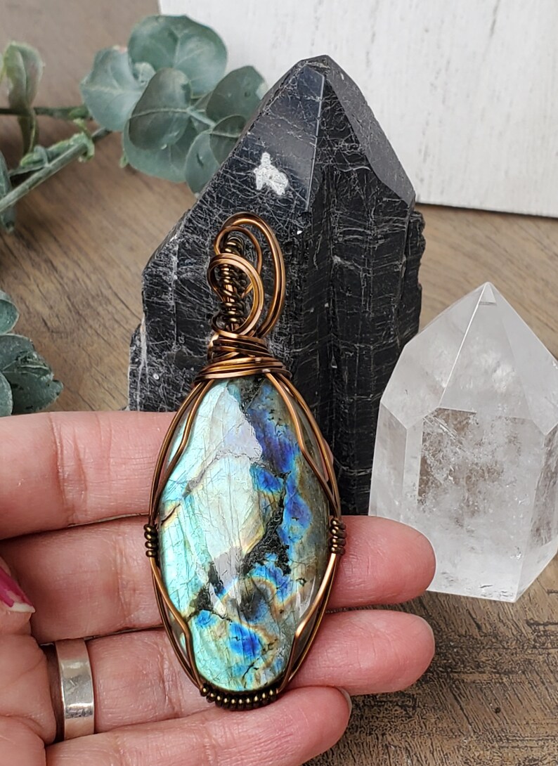 Blue Labradorite Necklace, Mother's Day Necklace, Spring Jewelry, Wire Wrapping Stone Pendant, Green Blue Stone Necklace Wire Wrapped Style image 6