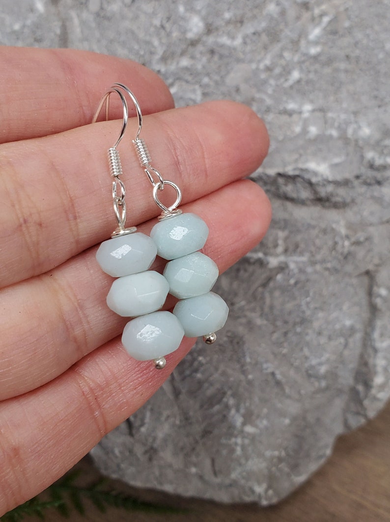 Amazonite Earrings, Valentines Day Earrings, Dangle Amazonite Earrings for Women, Valentines Gift for Her, Small Three Stone Earrings Mint image 1