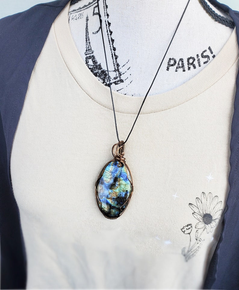 Large Labradorite Necklace, Multi Color Labradorite Wire Wrap Pendant Necklace, Spring Jewelry for Him Her, Large Oval Simple Style Pendant image 3