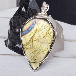 Unique Large Stone Pendant, Labradorite Necklace, Boho Mothers day Gift, Huge Labradorite Pendant, Simple Wire Wrap Teardrop Pendant for Her image 5