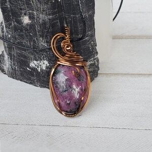 Ruby in Zoiszite Pendant, Small Ruby Zoiszite Wire Wrap Pendant for Her, Spring Jewelry Mothers Day Gift, Pink Black Stone Necklace For Her image 4