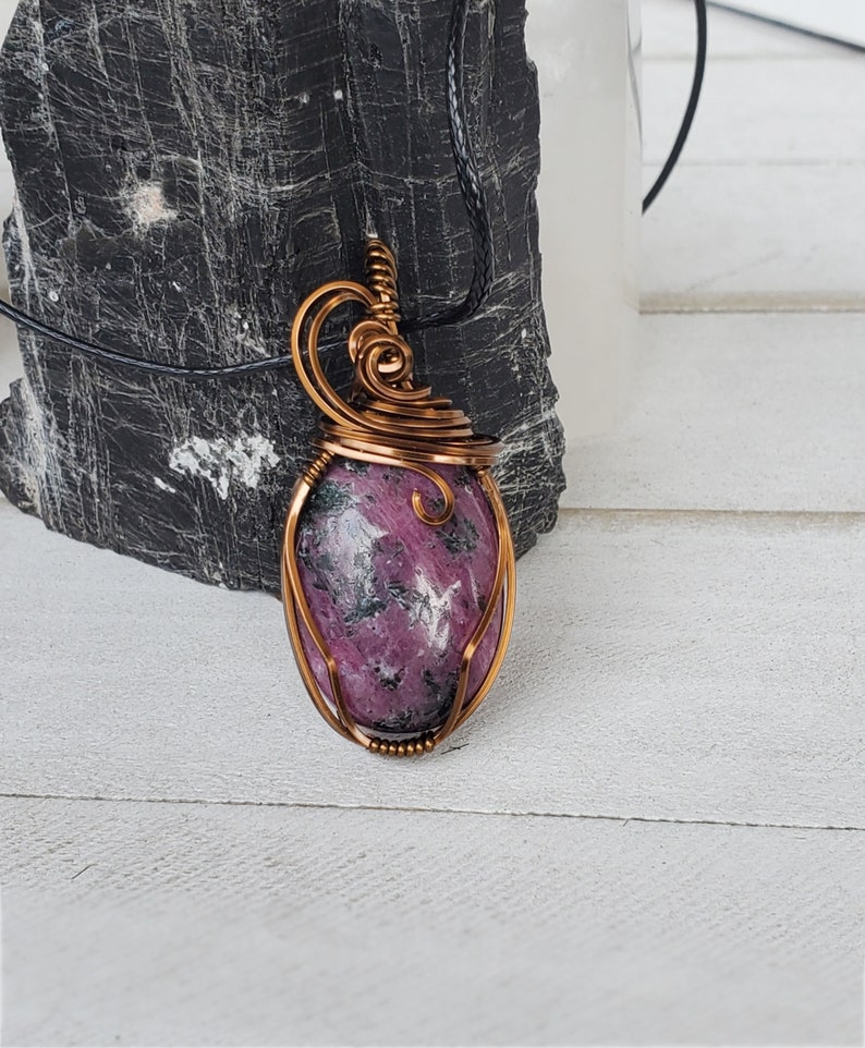 Ruby in Zoiszite Pendant, Small Ruby Zoiszite Wire Wrap Pendant for Her, Spring Jewelry Mothers Day Gift, Pink Black Stone Necklace For Her image 4