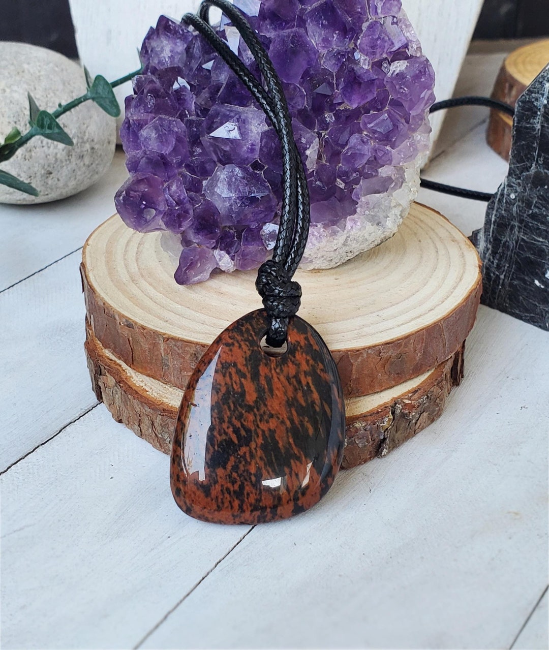 Mahogany Obsidian Necklace, Obsidian Pendant on Cord, Red Black