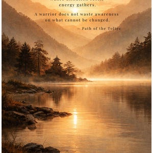 Op de afbeelding: Een serene landschapsafbeelding met tekst. De afbeelding toont een meer dat een gouden zonsopgang weerspiegelt, met bergen en bomen op de achtergrond. Tekst luidt "The Discipline of Attention" en een citaat van Path of the Toltec.