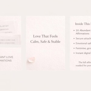 May include: A digital download product featuring affirmations for abundant love. The image includes cards with text, a rose quartz crystal, and a list of download contents, including affirmations and secure attachment energy.