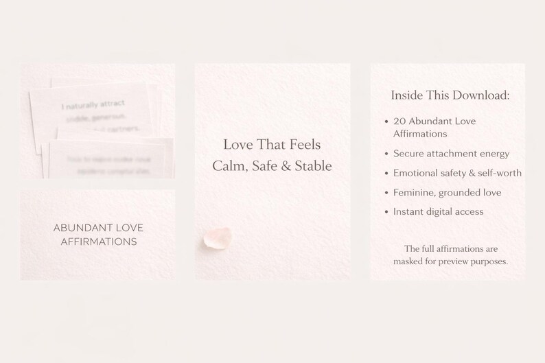 May include: A digital download product featuring affirmations for abundant love. The image includes cards with text, a rose quartz crystal, and a list of download contents, including affirmations and secure attachment energy.