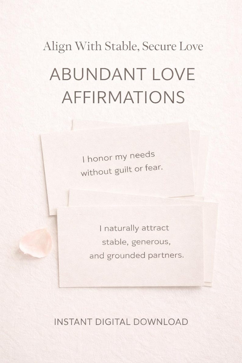 May include: A soft, neutral-toned image features stacked affirmation cards with the text "ABUNDANT LOVE AFFIRMATIONS." The cards include phrases like "I honor my needs" and "I naturally attract stable partners." The words "INSTANT DIGITAL DOWNLOAD" are also visible.