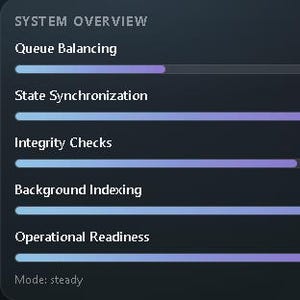 May include: A dark background displays a system overview with progress bars. The text includes "Queue Balancing" at 23%, "State Synchronization" at 45%, "Integrity Checks" at 43%, "Background Indexing" at 70%, and "Operational Readiness" at 45%. The mode is "steady" and the local time is 03:24:36 PM.