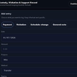 May include: A dark blue digital interface for a custody, visitation, and support record. The interface includes fields for payment, visitation, schedule changes, and general notes. The date is set to 01/07/2026.