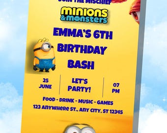Minions Party Einladung Bearbeitbare Canva Vorlage Kids Cartoon Evite Digitaler Download