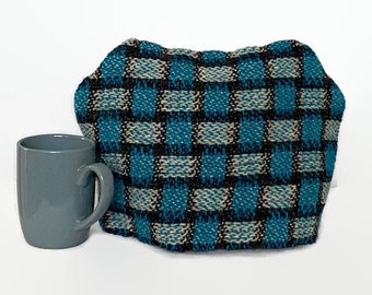 Tea Cozy Handwoven in Blocks of Turquoise and Grey