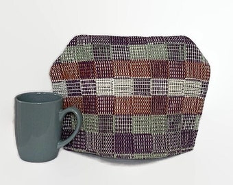 Tea Cozy Handwoven in Rust, Green and Purple Squares