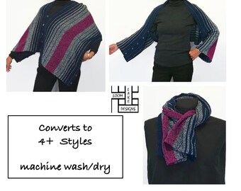 Shawl / Shrug / Poncho, handwoven navy/pink/gray stripe