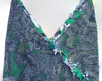 Furoshiki Bag Handwoven with Green, Black, White and Yellow Rags