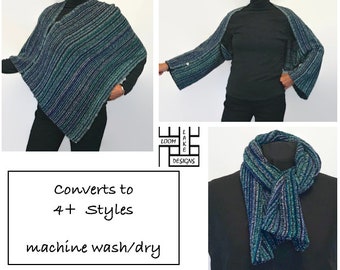 Shawl / Shrug / Poncho, handwoven navy/green stripe