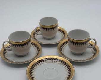 Winterling Bavaria Germany Espresso Set – 3 Demitasse Cups & 4 Saucers, Vintage Cobalt Gold Bavarian Porcelain