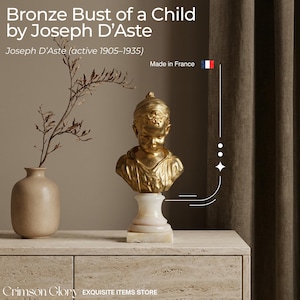 Antique French Art Nouveau Bronze Child Bust by Joseph D'Aste – Circa 1910, Gilt Finish on Elegant Onyx Pedestal, 8" Cabinet Sculpture