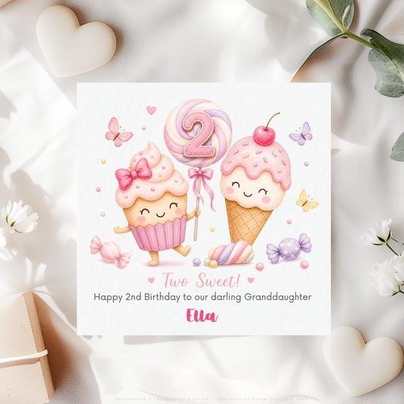 Personalised 2nd Birthday Card for Granddaughter | Two Sweet Cupcake Ice Cream Keepsake