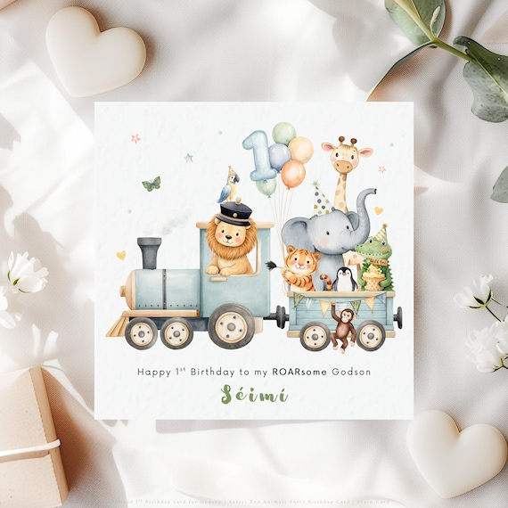 Personalised 1st Birthday Card for Godson | Safari Animals Train Zoo Party Keepsake